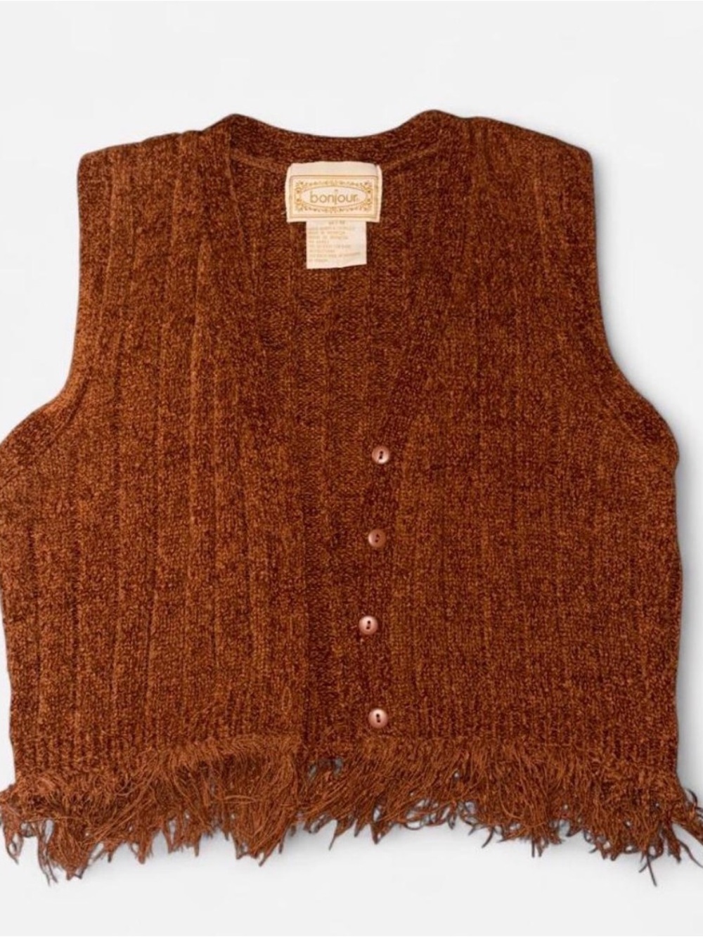 Women’s Brown Knit Button-Front Fringe Vest